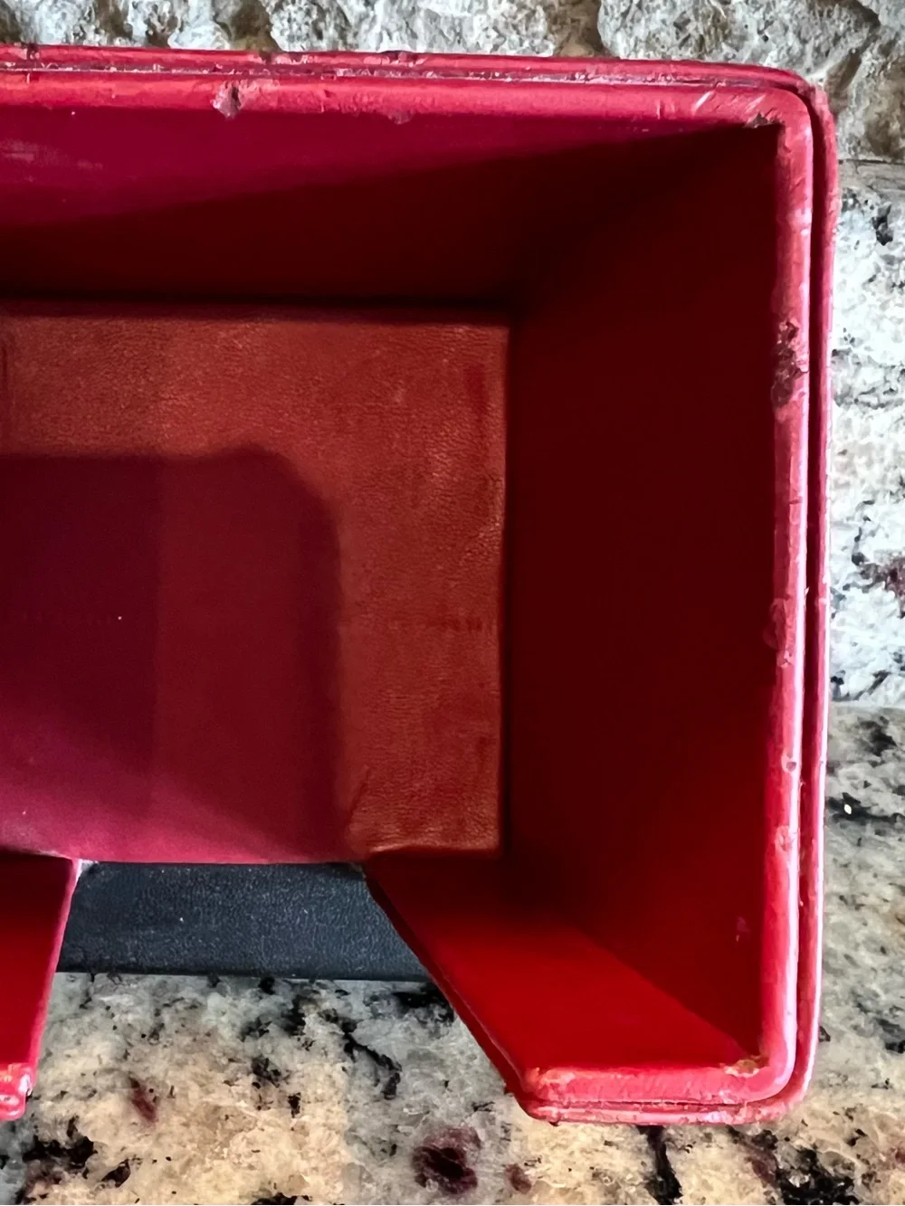 MacKenzie-Childs Vintage Red Leather & Enamel Notepad cube holder. With notepad.